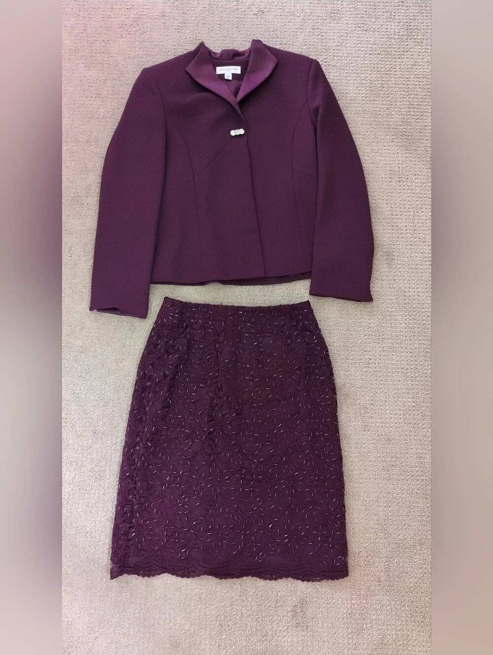 Amanda Smith Petite Eggplant Bejeweled Blazer And Matching Skirt Suit Set